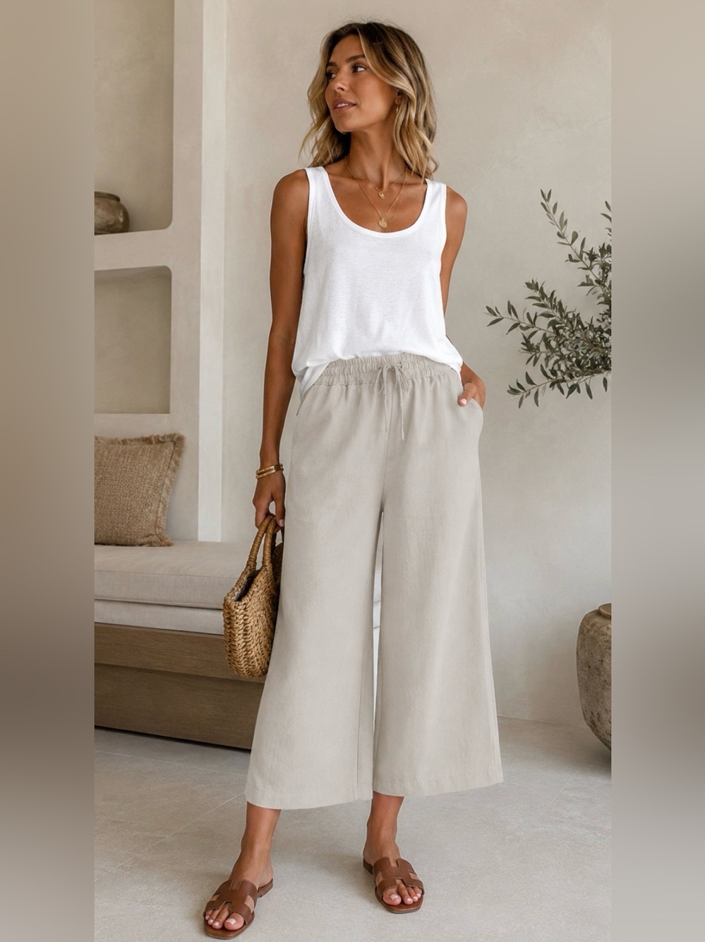 100% Linen Wide Leg Cropped Pants Neutral Pull On Coastal Resort ECUPPER Large